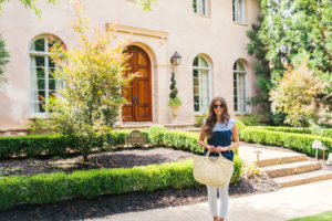 ruffled top, straw tote, jack rogers, hello it's loh, white jeans