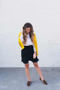 Yellow Cardigan, Leopard Loafers, Equipment Top, Club Monaco Ruffle Skirt, Hello It's LOH