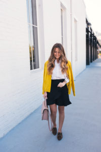 Yellow Cardigan, Leopard Loafers, Equipment Top, Club Monaco Ruffle Skirt, Hello It's LOH