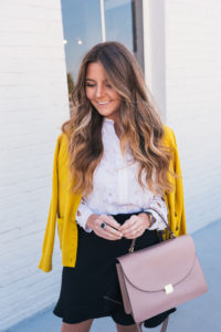 Yellow Cardigan, Leopard Loafers, Equipment Top, Club Monaco Ruffle Skirt, Hello It's LOH