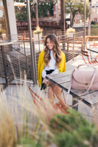 Yellow Cardigan, Leopard Loafers, Equipment Top, Club Monaco Ruffle Skirt, Hello It's LOH