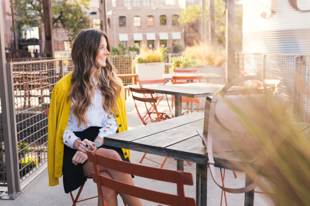 Yellow Cardigan, Leopard Loafers, Equipment Top, Club Monaco Ruffle Skirt, Hello It's LOH