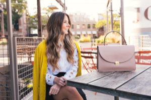 Yellow Cardigan, Leopard Loafers, Equipment Top, Club Monaco Ruffle Skirt, Hello It's LOH
