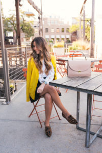 Yellow Cardigan, Leopard Loafers, Equipment Top, Club Monaco Ruffle Skirt, Hello It's LOH