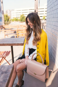 Yellow Cardigan, Leopard Loafers, Equipment Top, Club Monaco Ruffle Skirt, Hello It's LOH