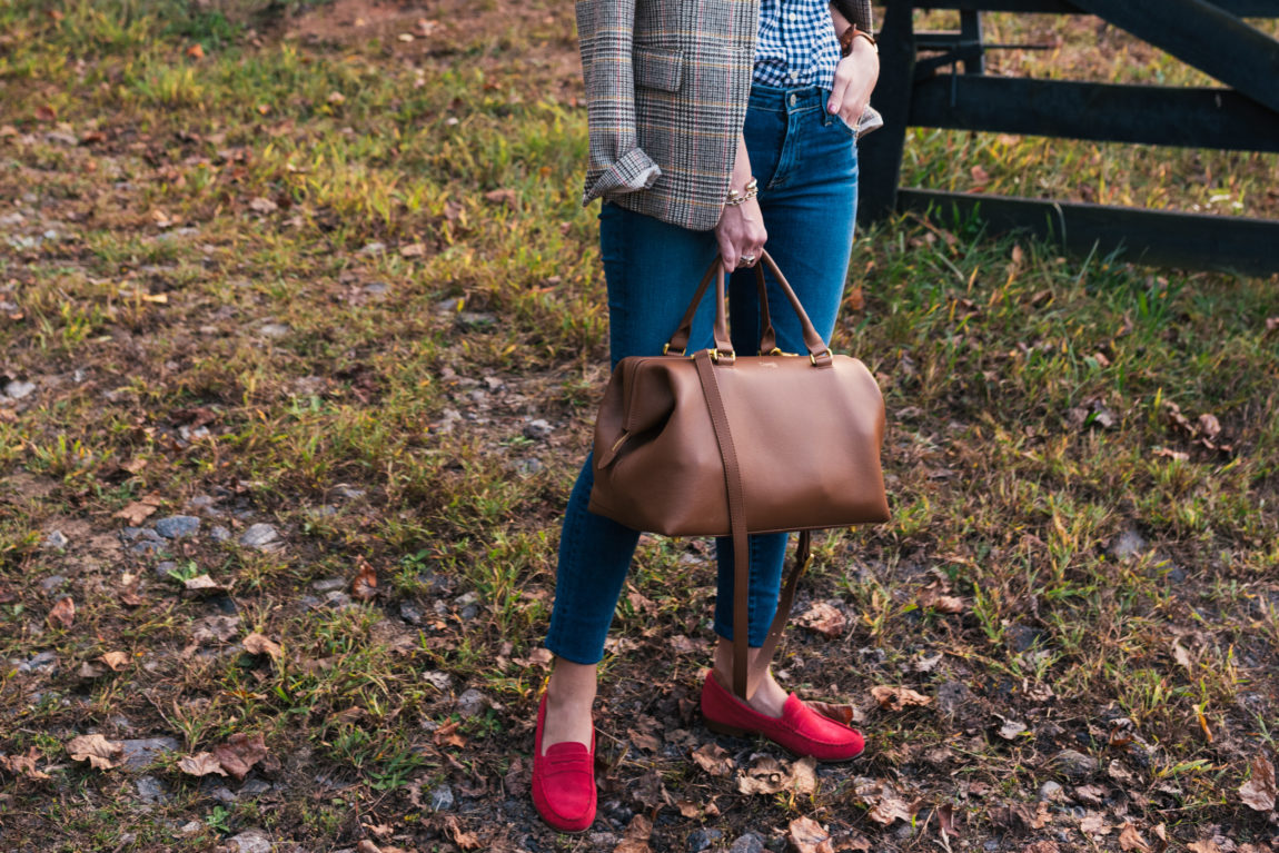 Plaid Blazer, AG Skinny Jeans, Lipault Paris Handbag, J.Crew Loafers, North Georgia, Travel