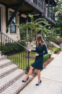 Green Sweater Dress, Navy Suede Pumps, Fall Style, Classic Dress, Buckhead