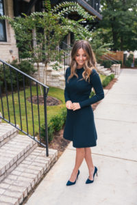 Green Sweater Dress, Navy Suede Pumps, Fall Style, Classic Dress, Buckhead