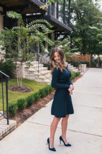 Green Sweater Dress, Navy Suede Pumps, Fall Style, Classic Dress, Buckhead
