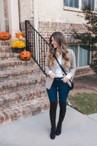 Plaid Blazer, Maxwell Scott Handbag, Stuart Weitzman Boots, J.Crew Poncho, White Tee