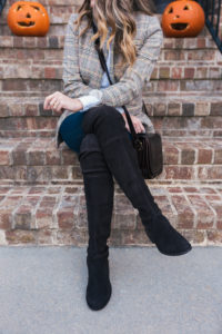 Plaid Blazer, Maxwell Scott Handbag, Stuart Weitzman Boots, J.Crew Poncho, White Tee