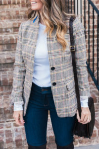 Plaid Blazer, Maxwell Scott Handbag, Stuart Weitzman Boots, J.Crew Poncho, White Tee