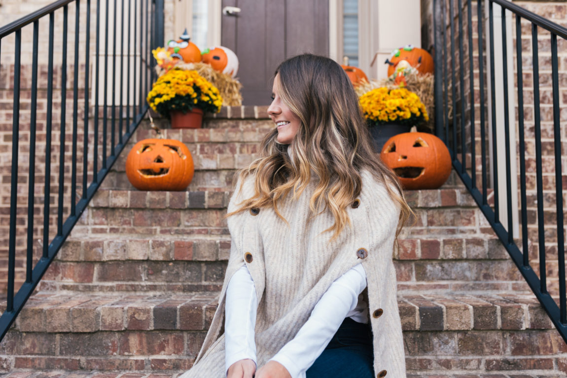 Plaid Blazer, Maxwell Scott Handbag, Stuart Weitzman Boots, J.Crew Poncho, White Tee