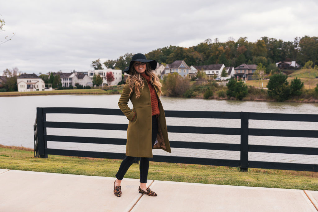 Olive Coat, Chunky Sweater, Black Jeans, Leopard Loafers, Floppy Hat