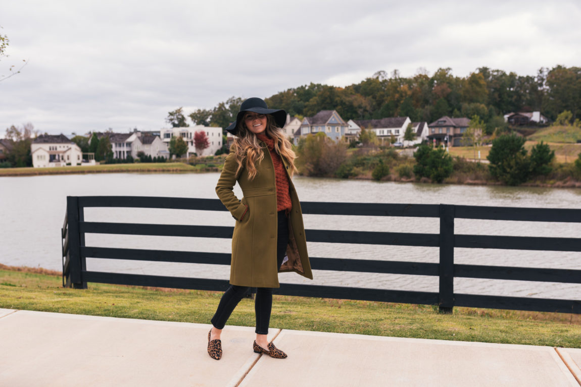 Olive Coat, Chunky Sweater, Black Jeans, Leopard Loafers, Floppy Hat