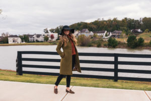 Olive Coat, Chunky Sweater, Black Jeans, Leopard Loafers, Floppy Hat