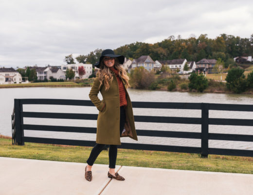 Olive Coat, Chunky Sweater, Black Jeans, Leopard Loafers, Floppy Hat