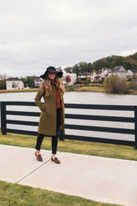 Olive Coat, Chunky Sweater, Black Jeans, Leopard Loafers, Floppy Hat