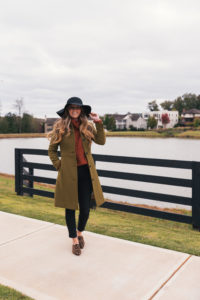 Olive Coat, Chunky Sweater, Black Jeans, Leopard Loafers, Floppy Hat