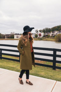 Olive Coat, Chunky Sweater, Black Jeans, Leopard Loafers, Floppy Hat