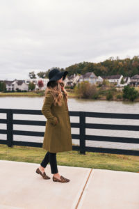 Olive Coat, Chunky Sweater, Black Jeans, Leopard Loafers, Floppy Hat