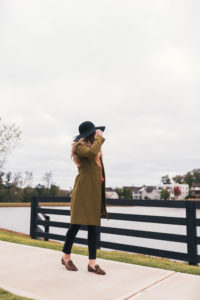 Olive Coat, Chunky Sweater, Black Jeans, Leopard Loafers, Floppy Hat