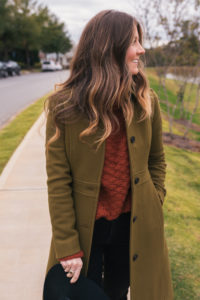 Olive Coat, Chunky Sweater, Black Jeans, Leopard Loafers, Floppy Hat