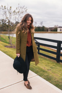 Olive Coat, Chunky Sweater, Black Jeans, Leopard Loafers, Floppy Hat