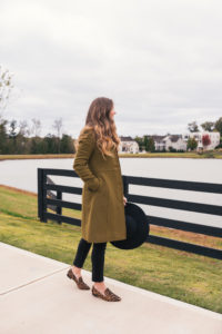Olive Coat, Chunky Sweater, Black Jeans, Leopard Loafers, Floppy Hat