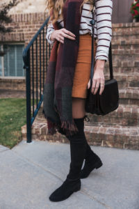 Fall Fashion, Fall Style, Velvet Skirt, Striped Turtleneck, Madewell, Stuart Weitzman Boots