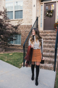 Fall Fashion, Fall Style, Velvet Skirt, Striped Turtleneck, Madewell, Stuart Weitzman Boots
