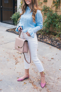 Blue Sweater, Pink Flats, Cuyana Satchel, J.Crew Jeans