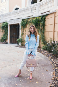 Blue Sweater, Pink Flats, Cuyana Satchel, J.Crew Jeans