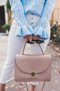 Blue Sweater, Pink Flats, Cuyana Satchel, J.Crew Jeans