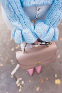 Blue Sweater, Pink Flats, Cuyana Satchel, J.Crew Jeans