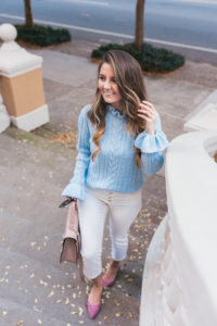 Blue Sweater, Pink Flats, Cuyana Satchel, J.Crew Jeans