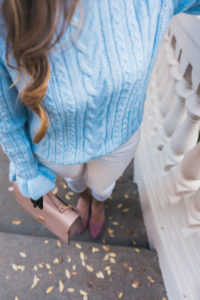 Blue Sweater, Pink Flats, Cuyana Satchel, J.Crew Jeans