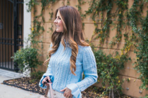 Blue Sweater, Pink Flats, Cuyana Satchel, J.Crew Jeans