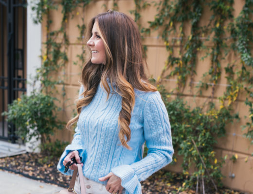 Blue Sweater, Pink Flats, Cuyana Satchel, J.Crew Jeans