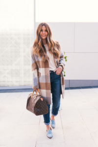 ShopThelma Loafers, Loafers and Jeans, Cashmere Sweater, DKNY Coat, Checkered Coat, Oversize Coat, LV Speedy, Casual Style, Fall Look, Loafers Outfit, Hello It's LOH, Lejla Hasanovic