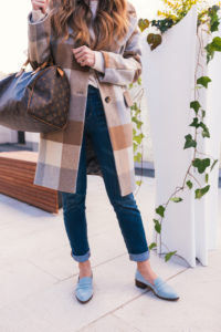 ShopThelma Loafers, Loafers and Jeans, Cashmere Sweater, DKNY Coat, Checkered Coat, Oversize Coat, LV Speedy, Casual Style, Fall Look, Loafers Outfit, Hello It's LOH, Lejla Hasanovic