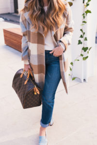ShopThelma Loafers, Loafers and Jeans, Cashmere Sweater, DKNY Coat, Checkered Coat, Oversize Coat, LV Speedy, Casual Style, Fall Look, Loafers Outfit, Hello It's LOH, Lejla Hasanovic