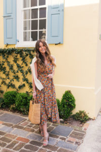 Rebecca Taylor Ruffle Midi Dress, Joie Banner Heels, Spring Outfit, Spring Dress, Lejla Hasanovic, Floral Wrap Dress