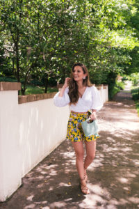 Hello It's LOH, Yellow High Waisted Shorts, Lejla Hasanovic, Atlanta Blogger, White top, Summer Style, Baublebar earrings, moon river shorts, shopbop, simon miller handbag