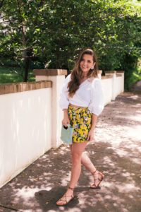 Hello It's LOH, Yellow High Waisted Shorts, Lejla Hasanovic, Atlanta Blogger, White top, Summer Style, Baublebar earrings, moon river shorts, shopbop, simon miller handbag