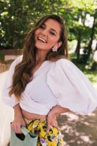 Hello It's LOH, Yellow High Waisted Shorts, Lejla Hasanovic, Atlanta Blogger, White top, Summer Style, Baublebar earrings, moon river shorts, shopbop, simon miller handbag