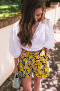 Hello It's LOH, Yellow High Waisted Shorts, Lejla Hasanovic, Atlanta Blogger, White top, Summer Style, Baublebar earrings, moon river shorts, shopbop, simon miller handbag