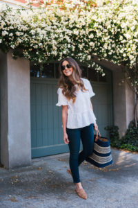 White Peplum Dark Denim Hello It's LOH, Lejla Hasanovic, Arnel Hasanovic, Madewell Peplum Top, Dark Denim Jeans, Citizens Of Humanity Rocket Nordstrom, Shopbop Jeans, Mar Y Sol Straw Tote