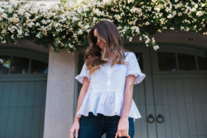 White Peplum Dark Denim Hello It's LOH, Lejla Hasanovic, Arnel Hasanovic, Madewell Peplum Top, Dark Denim Jeans, Citizens Of Humanity Rocket Nordstrom, Shopbop Jeans, Mar Y Sol Straw Tote