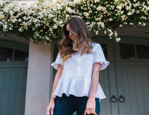White Peplum Dark Denim Hello It's LOH, Lejla Hasanovic, Arnel Hasanovic, Madewell Peplum Top, Dark Denim Jeans, Citizens Of Humanity Rocket Nordstrom, Shopbop Jeans, Mar Y Sol Straw Tote